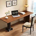 Wooden Writing Desk with Laptop Vase Books and Table Lamp Near Window and Chair
