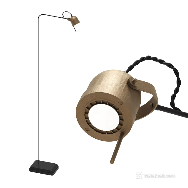 Modern Brass Floor Lamp With Adjustable Arm And Black Braided Cable Design 3d model 