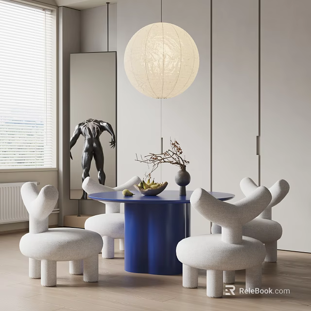 Modern Dining Table Set With Blue Round Table White Chairs And Spherical Pendant Light 3d model