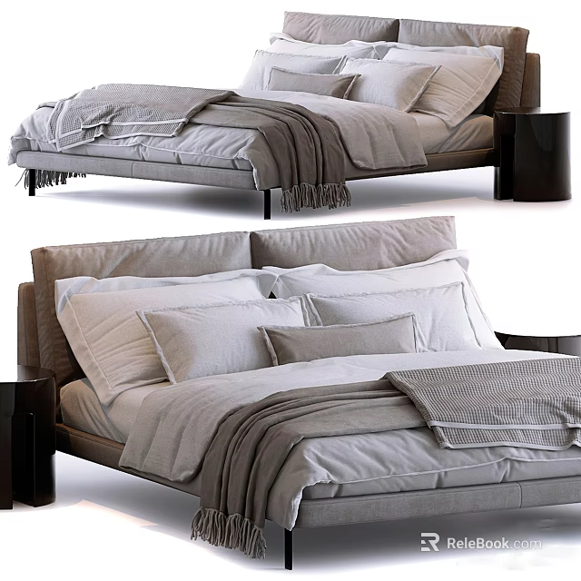 Modern Double Bed with Gray Bedding Pillows Blanket and Black Nightstand 3d model 