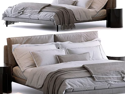 Modern Double Bed with Gray Bedding Pillows Blanket and Black Nightstand 3d model