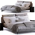 Modern Double Bed with Gray Bedding Pillows Blanket and Black Nightstand 3d model