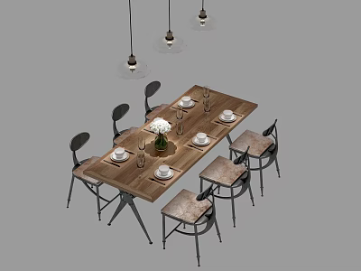 Modern Wooden Dining Table Set With Metal Frame Chairs Pendant Lights Tableware And Flower Vase 3d model