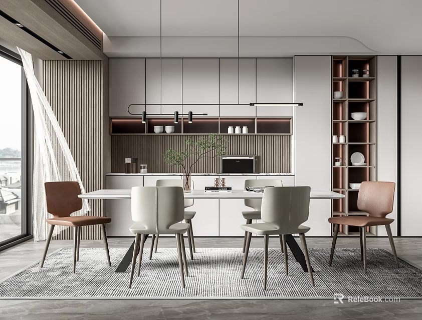 Modern Restaurant Interior With Dining Table Chairs And Pendant Lighting Design 3d model