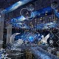 Garden Landscape With Starry Sky Moon And Blue White Flower Decorations
