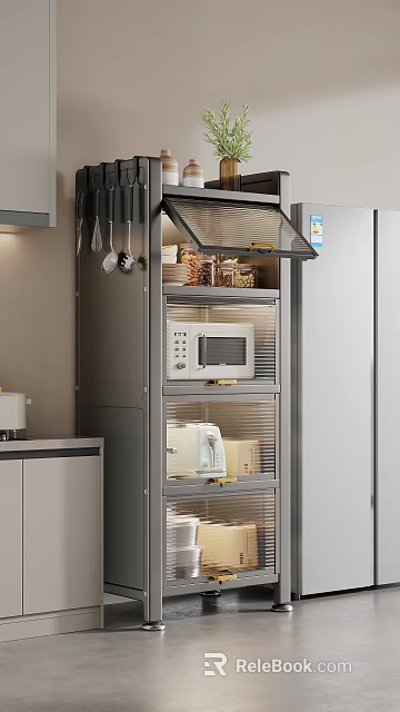 Modern Kitchen Cabinets With Glass Doors Microwave Toaster And Storage Shelves 3d model 