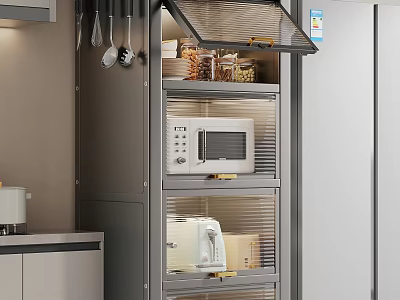 Modern Kitchen Cabinets With Glass Doors Microwave Toaster And Storage Shelves 3d model