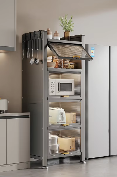 Modern Kitchen Cabinets With Glass Doors Microwave Toaster And Storage Shelves 3d model