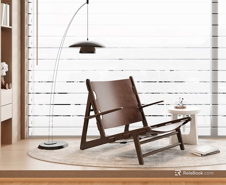 Leather Leisure Chair With Wooden Frame Floor Lamp And Round Rug By Window Blinds 3d model 
