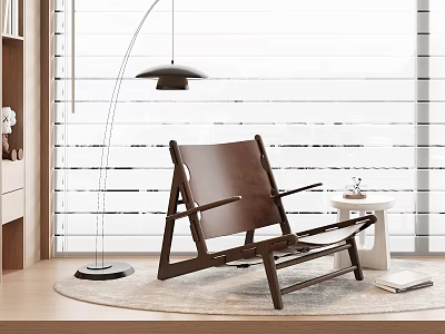 Leather Leisure Chair With Wooden Frame Floor Lamp And Round Rug By Window Blinds 3d model
