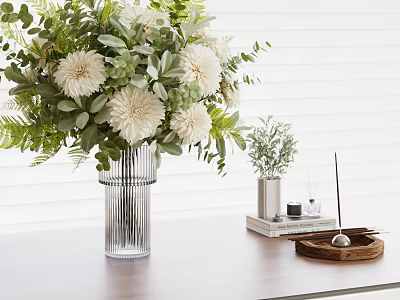 Inflatable Flower Decor Piece With Glass Vase White Dahlias And Green Plants 3d model
