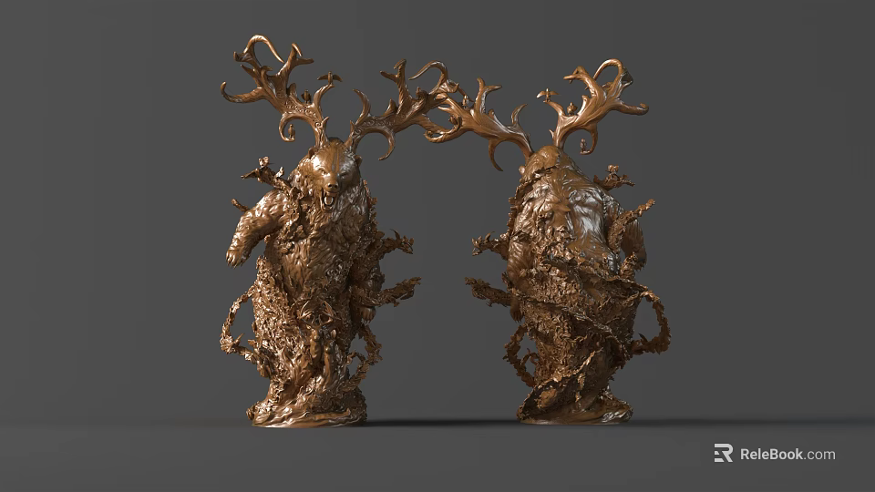 Golden Fantasy Sculptures With Intricate Antlers Textured Surface And Symmetrical Posture 3d model 