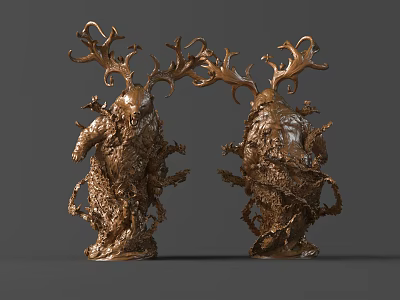 Golden Fantasy Sculptures With Intricate Antlers Textured Surface And Symmetrical Posture 3d model