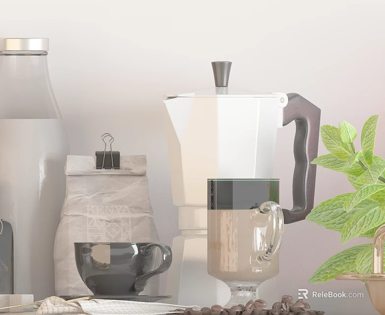 Kitchen Appliance Moka Pot With Transparent Bottle Coffee Beans Bag Black Cups And Green Leaves 3d model 