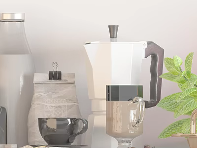 Kitchen Appliance Moka Pot With Transparent Bottle Coffee Beans Bag Black Cups And Green Leaves 3d model
