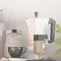 Kitchen Appliance Moka Pot With Transparent Bottle Coffee Beans Bag Black Cups And Green Leaves