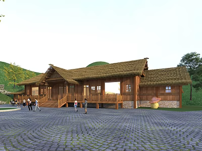 Traditional Thatched Cottage with Wooden Structure in Green Hills featuring Stone Paved Square and People Walking 3d model
