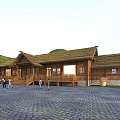 Traditional Thatched Cottage with Wooden Structure in Green Hills featuring Stone Paved Square and People Walking