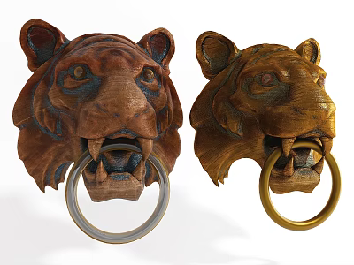 Ornate Tiger Head Door Knockers Featuring Brown Wooden and Golden Ring Accents 3d model