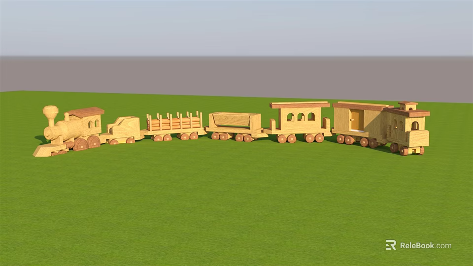 Wooden Electric Toy Train With Multiple Carriages On Green Grass 3d model 