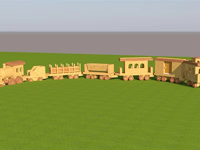 Wooden Electric Toy Train With Multiple Carriages On Green Grass 3d model