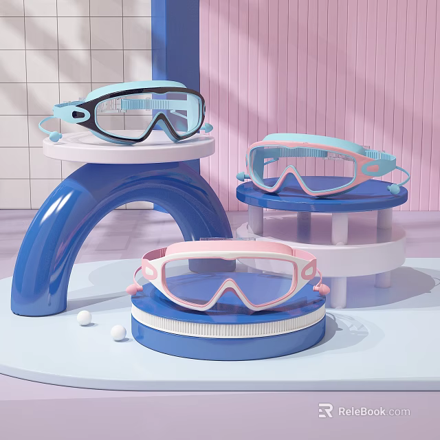 Colorful Kids Swimming Goggles with Pink Blue and Light Blue on Geometric Shaped Display Stands 3d model 