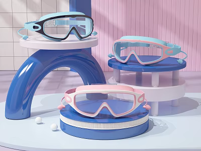 Colorful Kids Swimming Goggles with Pink Blue and Light Blue on Geometric Shaped Display Stands 3d model