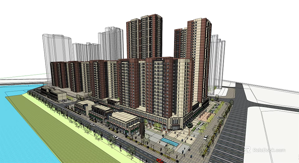 Modern High Rise Residential Complex With Surrounding Low Rise Buildings Street Parking And Green Space 3d model 