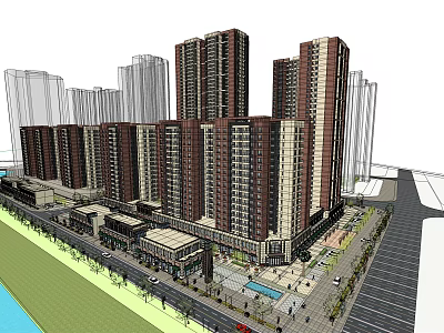 Modern High Rise Residential Complex With Surrounding Low Rise Buildings Street Parking And Green Space 3d model