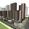 Modern High Rise Residential Complex With Surrounding Low Rise Buildings Street Parking And Green Space