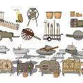 Traditional Wooden Industrial Equipment With Hand Carts Windmills Grinding Tools And Barrels