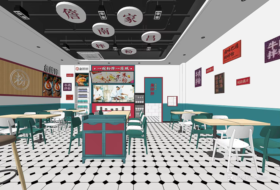 Mall Restaurant Interior With Tables Chairs Menu Display Wall Posters And Ceiling Lanterns 3d model