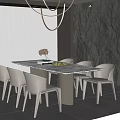 Modern Minotti Milo Dining Table and Chair Rectangular Six-Person Chandelier Stone Background 3d model