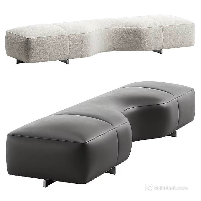 Curved Segmented Sofa Bench With Light Gray Upholstered And Black Leather Design 3d model 