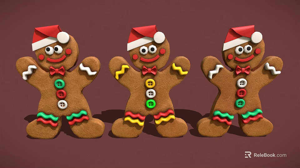 Three Festive Gingerbread Men Wearing Santa Hats With Colorful Buttons Bows And Decorative Details 3d model 