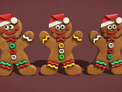Three Festive Gingerbread Men Wearing Santa Hats With Colorful Buttons Bows And Decorative Details 3d model