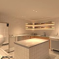 Contemporary Kitchen Interior With White Tiled Walls Open Shelves Spices And Island Counter