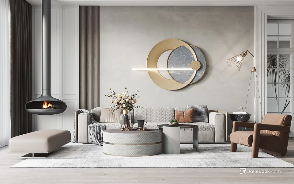 Modern Sofa And Coffee Table Set With Round Coffee Table Ottoman Circular Wall Art And Decorative Pillows 3d model