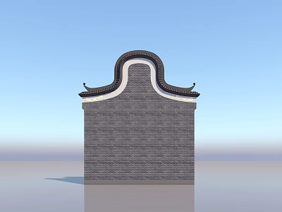 Traditional Chinese Landscape Wall With Gray Brick Curved Cornice Design Against Blue Sky 3d model