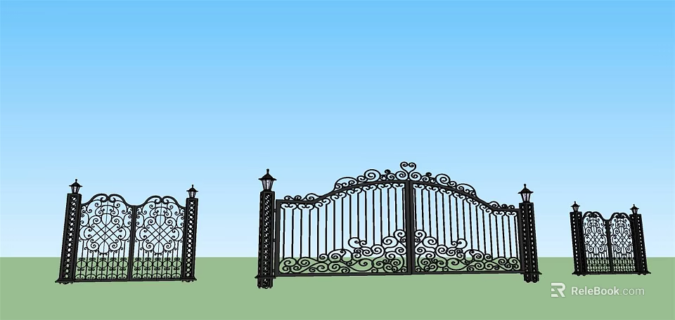 Elegant Wrought Iron Gates With Intricate Patterns And Decorative Lamp Posts 3d model 