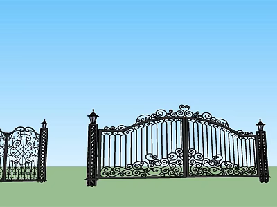 Elegant Wrought Iron Gates With Intricate Patterns And Decorative Lamp Posts 3d model