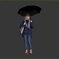 Woman in Blue Coat With Scarf Holding Black Umbrella and Pink Boots on Gray Background