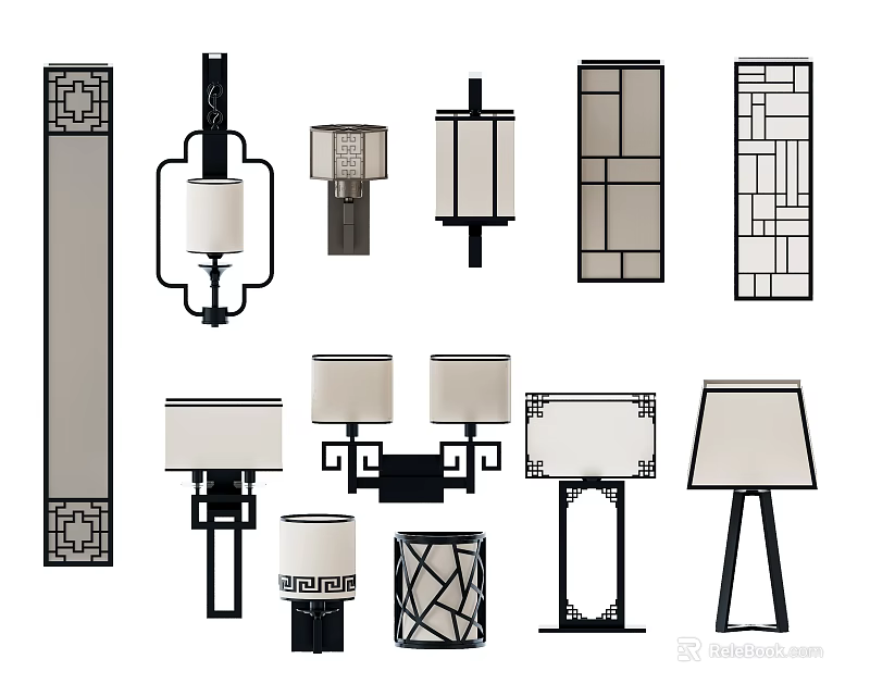 Modern Lighting Fixtures Set With Geometric Patterns Ceiling Lights And Table Lamps 3d model