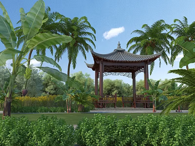Traditional Chinese Pavilion in Garden with Palm Trees Green Plants Grass and Blue Sky 3d model