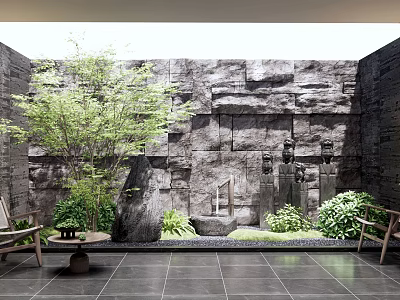 Courtyard Garden Design With Stone Wall Water Feature Green Plants Stone Tiles And Wooden Chairs 3d model
