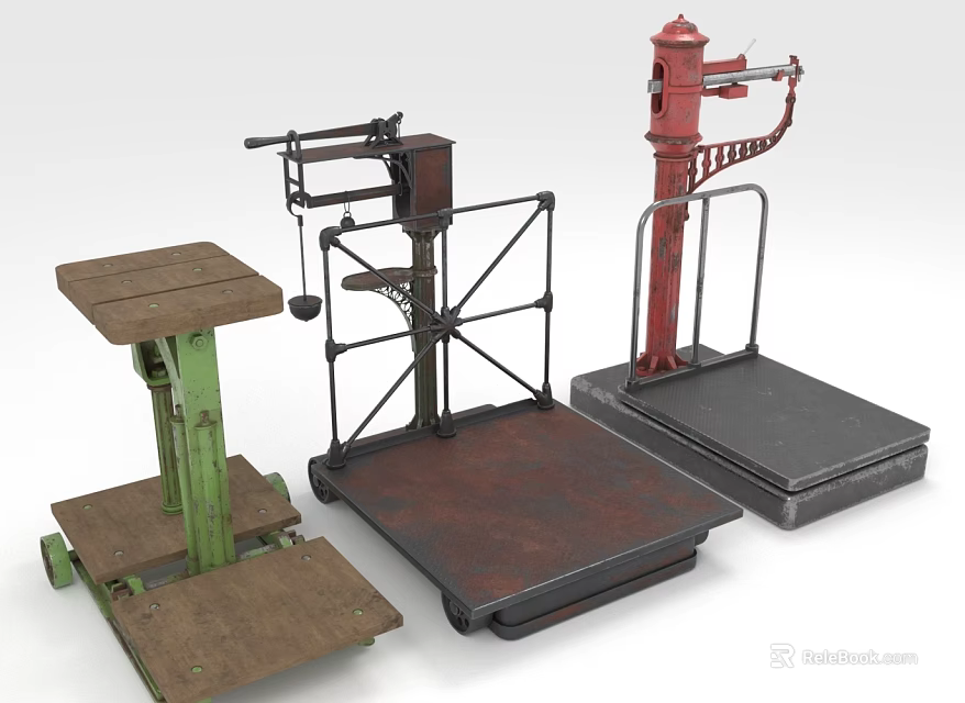 Vintage Platform Scales Collection With Green Brown Red Wooden Metal Structures 3d model 