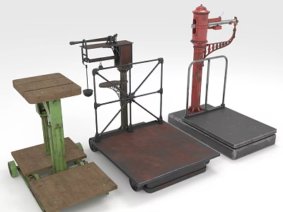 Vintage Platform Scales Collection With Green Brown Red Wooden Metal Structures 3d model