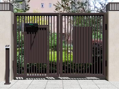 Modern Brown Metal Gate With Vertical Slats And Access Control System In Greenery Setting 3d model