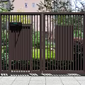 Modern Brown Metal Gate With Vertical Slats And Access Control System In Greenery Setting 3d model