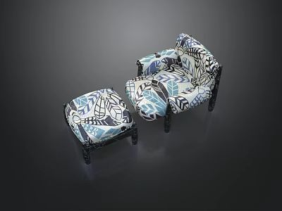 Tea Break Area Furniture Featuring Blue and White Leaf Pattern Chair and Footstool 3d model